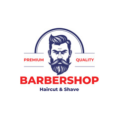 Stylish barber shop logo featuring a dashing man with a beard and mustache. vintage barbershop emblems, labels, badges, logos.