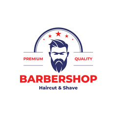 Stylish barber shop logo featuring a dashing man with a beard and mustache. vintage barbershop emblems, labels, badges, logos.