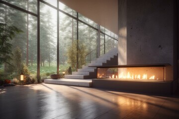 Contemporary indoor fireplace in forest-facing home, rendered in 3D. Generative AI