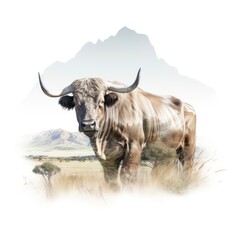 Double exposure of a bull isolated white background