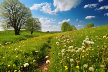 A vibrant field with trees and dandelions in the foreground