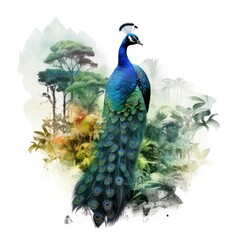 Double exposure of a peacock in jungle, isolated on white background