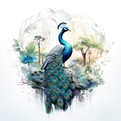 Double exposure of a peacock in jungle, isolated on white background