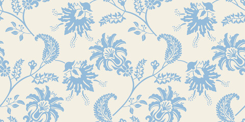 Floral seamless pattern. Decorative flowers monochrome color, beautiful pattern. Stylized plants on a white background. For wrapping paper, invitations, cards, curtains, fabric, web, cover, rug, mat - obrazy, fototapety, plakaty