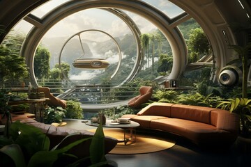 Futuristic spaceship interior featuring a garden landscape outside. Generative AI