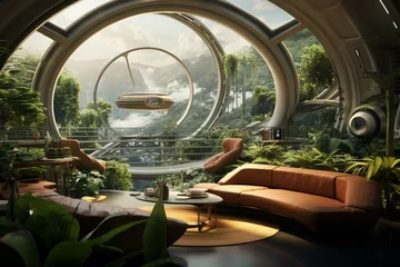 Fotobehang Futuristic spaceship interior featuring a garden landscape outside. Generative AI © Phoenix