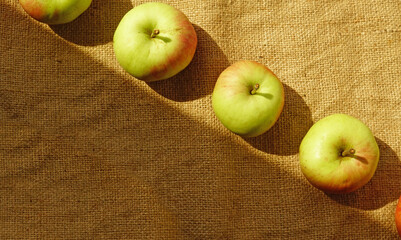 Autumn fruit harvest concept, green apples on burlap background with copy space flat lay. Diet with apples