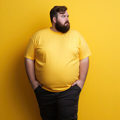 Excited fat man celebrating success. Happy plus size bearded man on yellow background