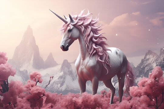 Wonderful portrait of a snow-white unicorn with a pink mane in a magical mountain landscape