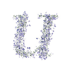 Font made of flowers and leaves, alphabet, font art 3d rendering with transparent background