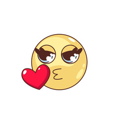 Groovy kiss emoji vector illustration. Cartoon isolated retro character with funny psychedelic face blows heart with love expression, romantic circle yellow sticker and emoji for social media