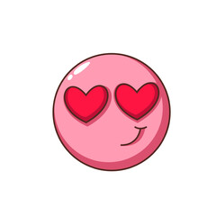 Groovy love emoji vector illustration. Cartoon isolated psychedelic round chat emoticon character with red hearts in happy eyes and smile on funky face, glossy ball with love expression and flirt