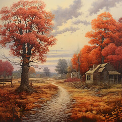 Illustration of a serene autumn scene, with golden leaves falling gently from the trees, evoking the tranquil beauty of the season