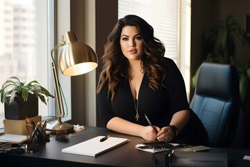 Plus size woman CEO or VP posing at her desk, excelling at her job