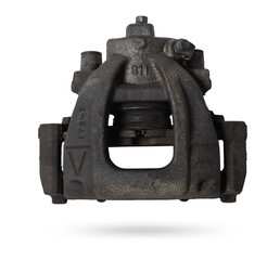 Old metal brake caliper on a white background for replacement during the repair of the chassis or...