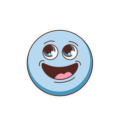 Groovy psychedelic happy emoji with laughter vector illustration. Cartoon isolated funky blue round face with smile of cheerful trippy character, cute chat emotion sticker of joy and happy mood
