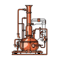 distiller operates copper still in minimalistic, black and red line work, japan web vector illustration