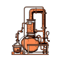 distiller operates copper still in minimalistic, black and red line work, japan web vector illustration