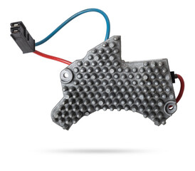 Car heater fan speed regulator on white isolated background. Catalog of spare parts for vehicles.
