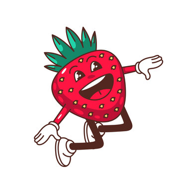 Groovy strawberry character vector illustration. Cartoon isolated Y2K sticker of jumping comic cute summer strawberry with legs and arms, funky funny positive smile on happy red fruit face with leaf