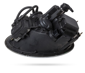 Stylish xenon headlight of a German car - optical equipment with a lamp inside on a white isolated background. Spare part for auto repair in a car workshop.