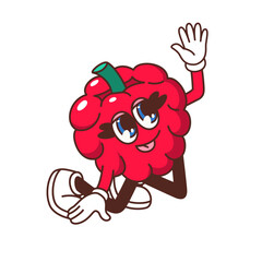 Groovy raspberry character vector illustration. Cartoon isolated kawaii Y2K red berry fruit mascot, sweet summer dessert personage with cute eyes with eyelashes, legs and arms, comic raspberry emoji