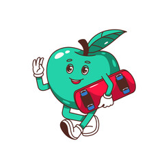 Groovy green apple character with skateboard vector illustration. Cartoon isolated cute Y2K fruit mascot walking to skate, comic apple skater with legs and arms, funny face expression and smile