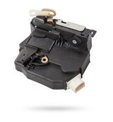 Detail of a car spare part made of black plastic and metal - door lock separately isolated on a...