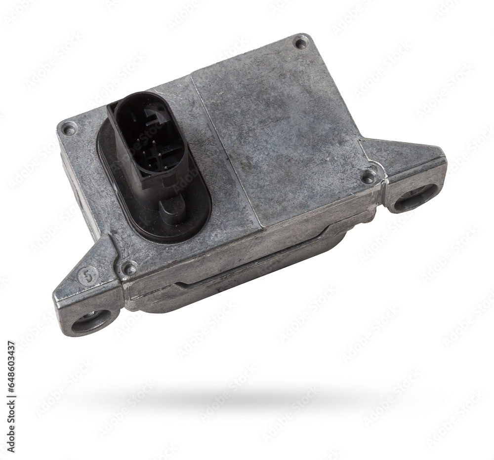 Poster Plastic car engine control unit with metal elements on a white isolated background is the connecting center of various subsystems, units and assemblies. Monitoring the state of the moment. Spare part