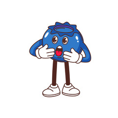 Groovy excited blueberry character vector illustration. Cartoon isolated Y2K mascot with unbelievable fear expression, cute funny blueberry fruit emoji with mouth open from unexpected surprise