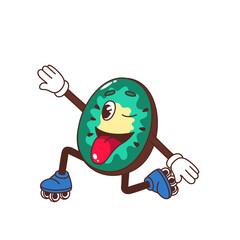 Groovy happy kiwi character vector illustration. Cartoon isolated Y2K funny skater fruit mascot roller skating, cute half slice of kiwi with skates, legs and arms, crazy tongue and smile on funky face © setory