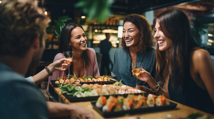 Friends Enjoying Sushi Rolls and Cocktails at a Stylish Japanese Restaurant , meeting friends at a restaurant, bokeh