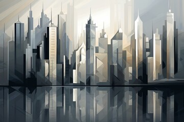 Abstract city skyline in cubism art style, depicted in shades of grey. Generative AI