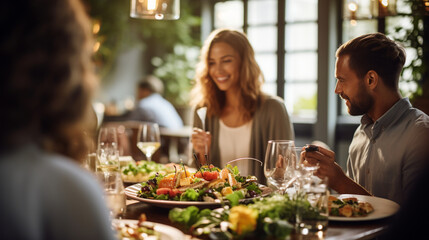 Group of Friends Indulging in Fine Dining with Exquisite Plated Dishes , meeting friends at a restaurant, bokeh