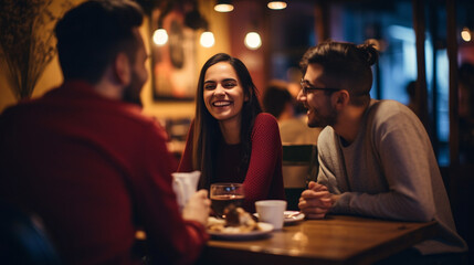 Happy Friends Meeting for Late-Night Desserts and Coffee at a Cozy Cafe , meeting friends at a restaurant, bokeh