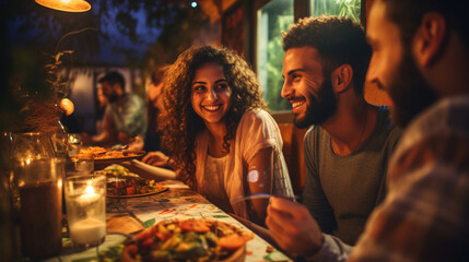 Friends Exploring Exotic Flavors at an Authentic Ethnic Restaurant , meeting friends at a restaurant, bokeh