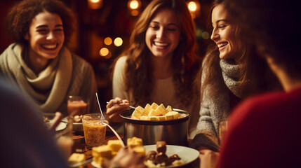 Happy Friends Sharing a Fondue Dinner with Dipping Delights , meeting friends at a restaurant, bokeh