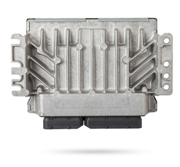 Plastic car engine control unit with metal elements on a white isolated background is the...