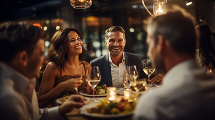 Friends Celebrating a Special Occasion with a Luxurious Tasting Menu , meeting friends at a restaurant, bokeh - obrazy, fototapety, plakaty