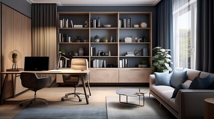 Gray and Wood Home Office: Danish Golden Age Style, Beige, Light Green, Indigo, Linear, Airy, Meticulously Detailed, Table, Chair