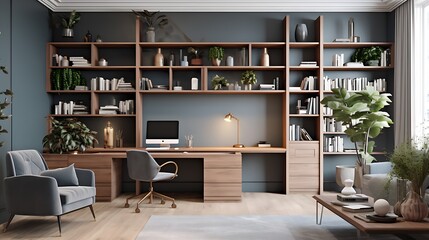 Gray and Wood Home Office: Danish Golden Age Style, Beige, Light Green, Indigo, Linear, Airy, Meticulously Detailed, Table, Chair