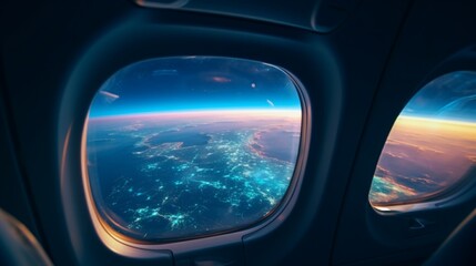 Fototapeta premium The window of the airplane offers a stunning sight of the lights of earth
