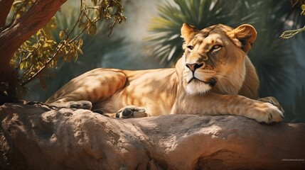 Obraz premium The zoo's lioness appears at ease while resting on a rock in her habitat