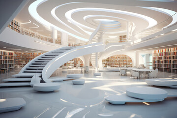 Futuristic modern white public library. Light and spacious modern library with Bookshelves, working space. ai generative - obrazy, fototapety, plakaty