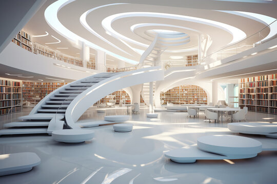 Futuristic modern white public library. Light and spacious modern library with Bookshelves, working space. ai generative