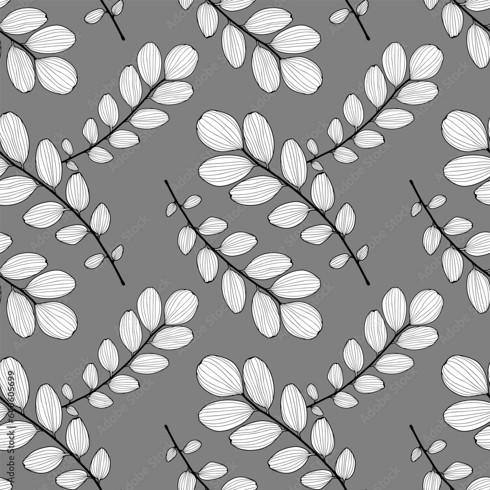 Poster gray minimalistic seamless pattern with white branches and leaves. vector pattern for textiles, wrap