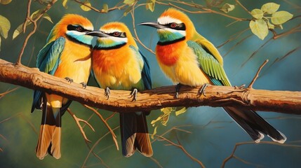Three white-fronted bee-eaters huddled together, tucking in their necks - obrazy, fototapety, plakaty