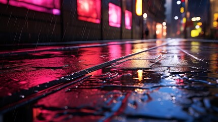 A rainy city street at night with reflections on the wet sidewalk