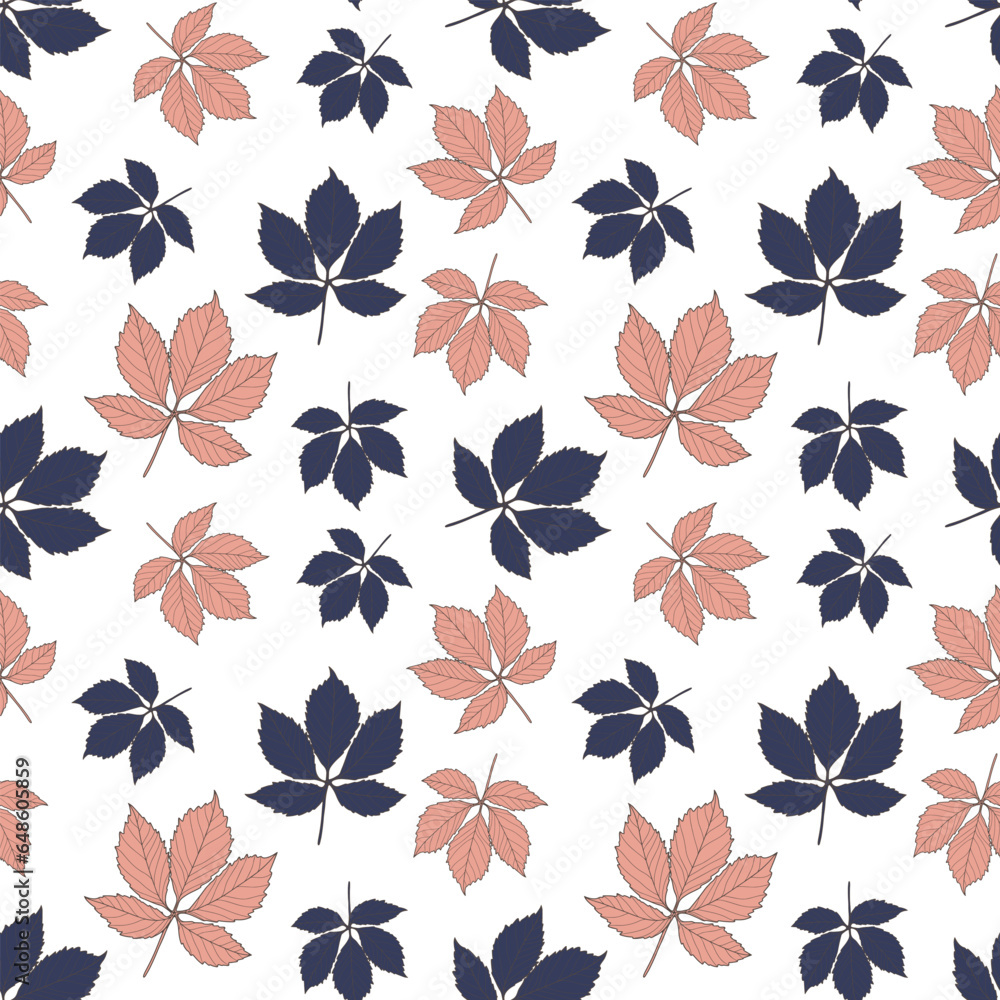 Poster autumn minimalistic pattern with blue and pink leaves on a white background. vector pattern for text