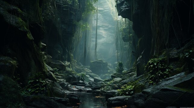 Through the cave, look the trees in the background